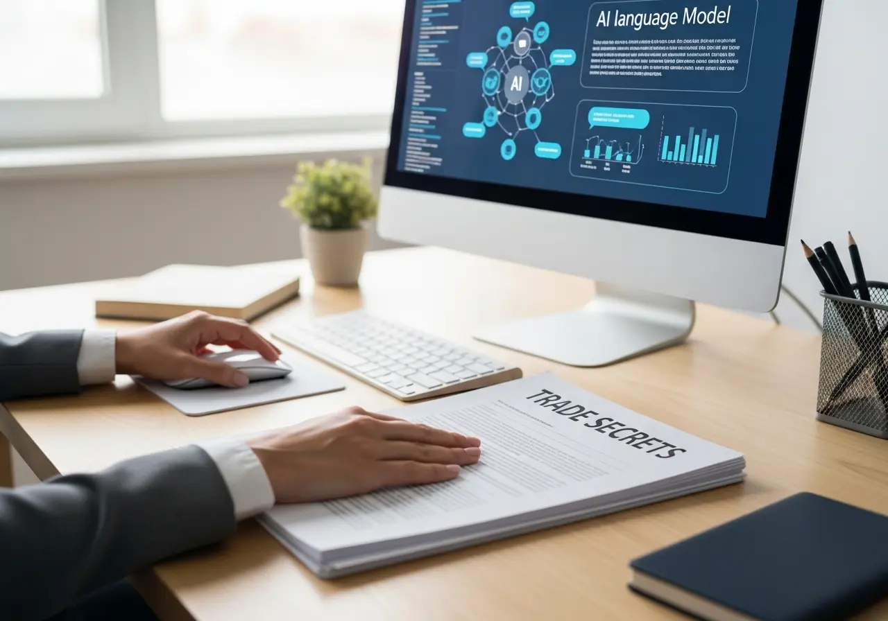 A person at an office desk with a document labeled 'TRADE SECRETS' while working with an AI language model on a computer, symbolizing the risk of data leaks.