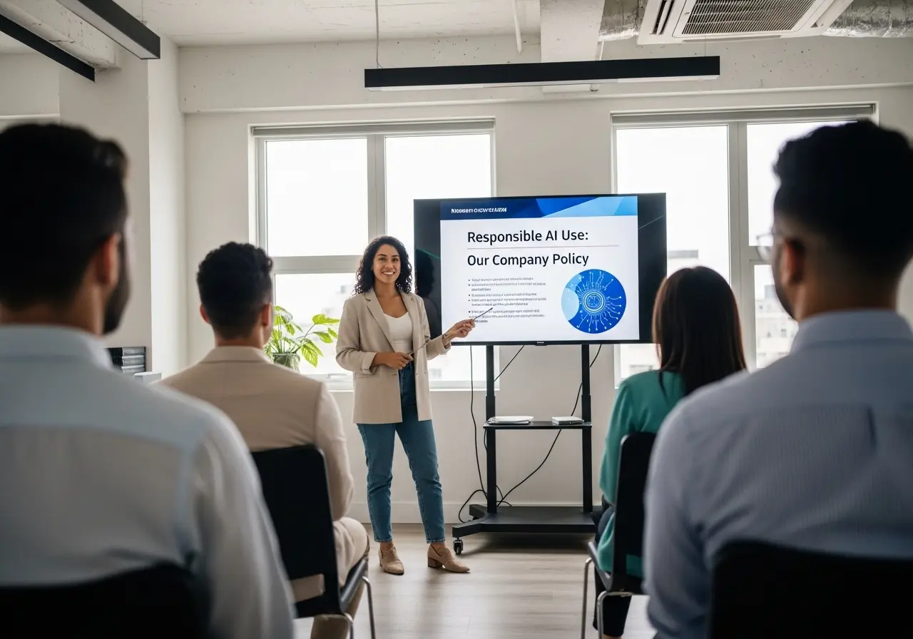 A woman conducting an employee training session, pointing to a screen with the title 'Responsible AI Use: Our Company Policy' to an engaged audience.