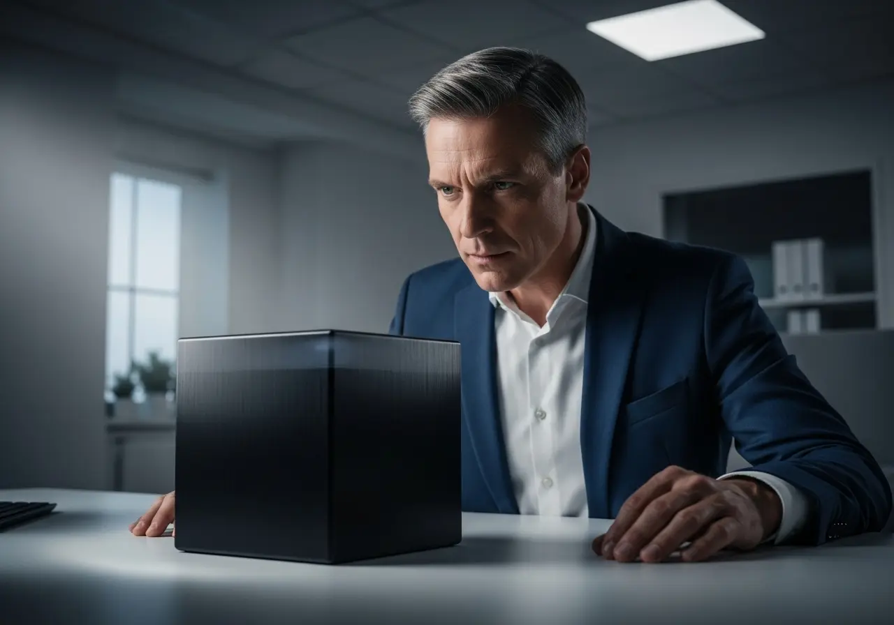 A businessman intently studying a mysterious black cube on his desk, symbolizing the concept of 'Black Box AI' and its lack of transparency.