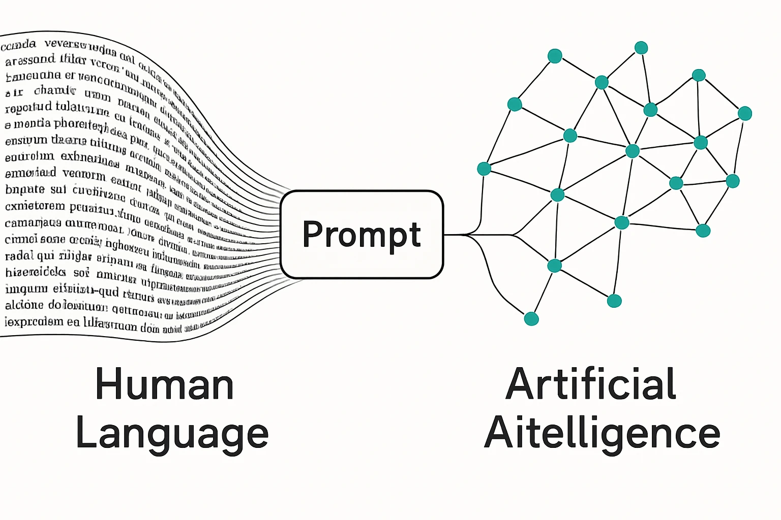 A diagram showing how a "Prompt" acts as an interface, translating complex "Human Language" into a format understood by "Artificial Intelligence."
