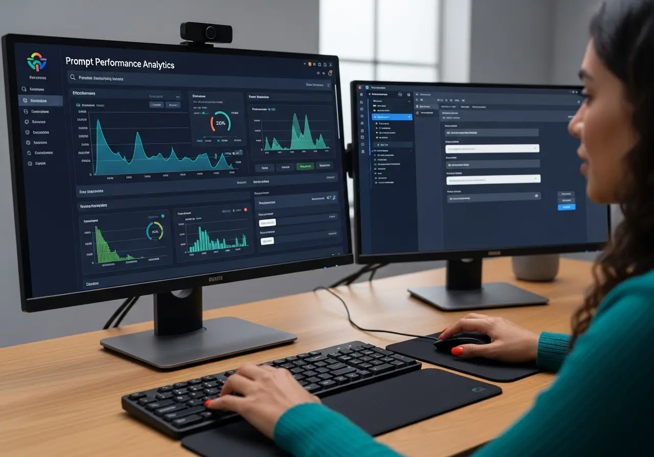 A data analyst reviewing a "Prompt Performance Analytics" dashboard on her computer to optimize the effectiveness of AI prompts.