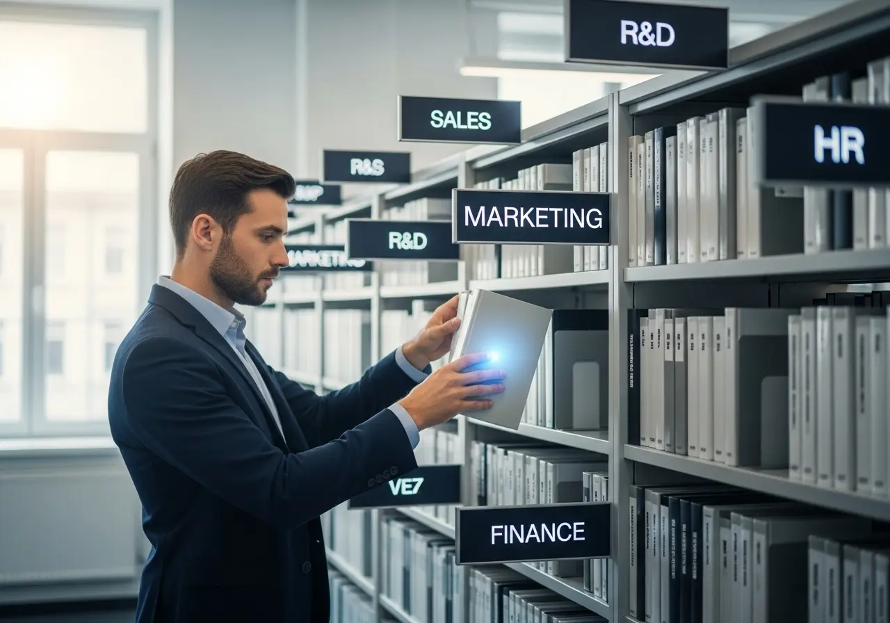 A professional organizes a 'prompt library' for a business, with shelves labeled for departments like Sales, Marketing, and R&D, symbolizing a centralized prompt database.