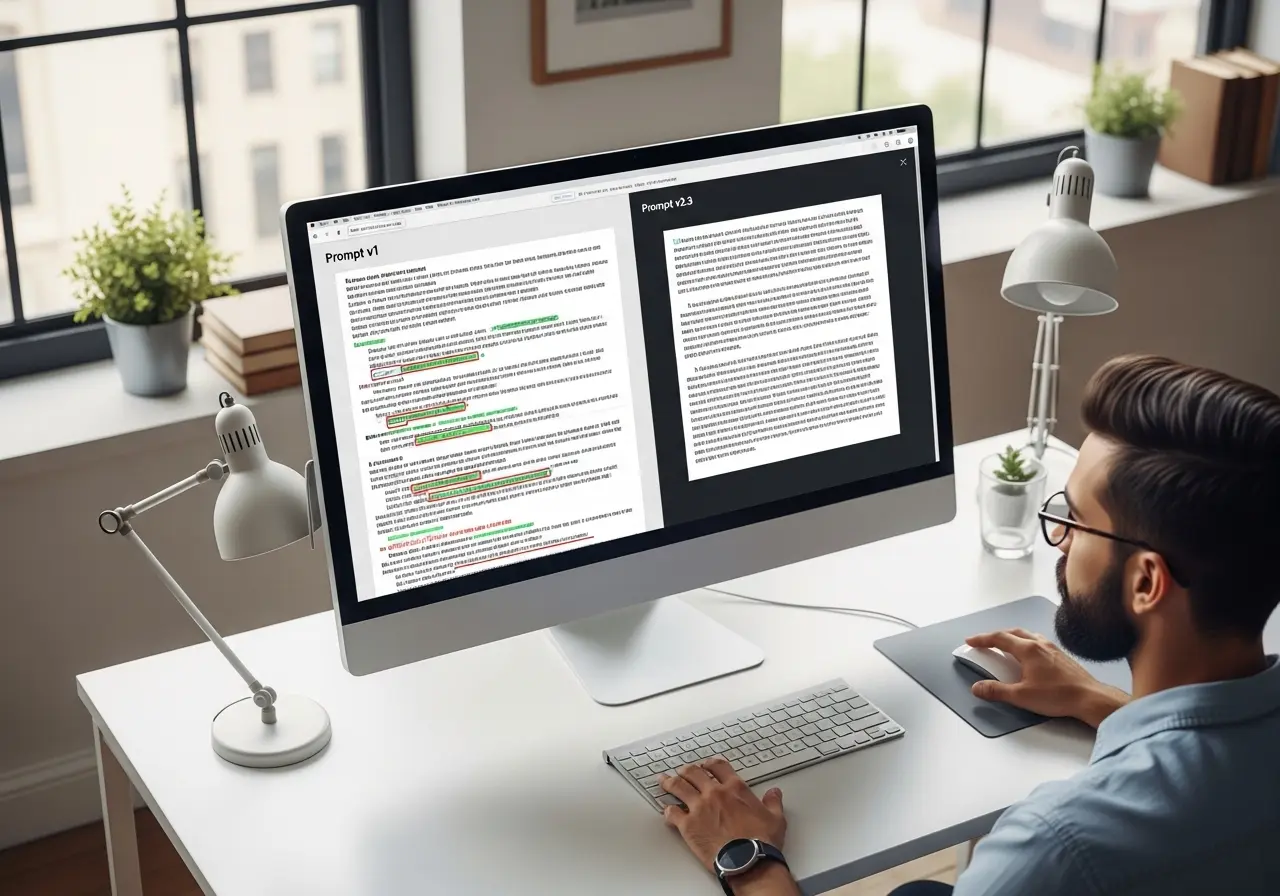 A user comparing "Prompt v1" and "Prompt v2.3" side-by-side on a screen, demonstrating the process of refining and optimizing AI prompts.