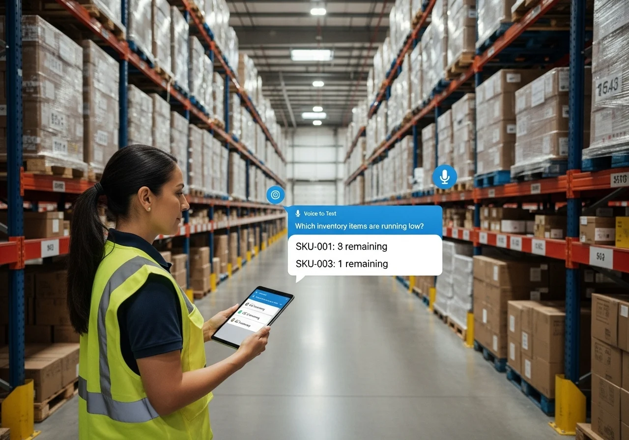A warehouse manager uses a tablet with a voice-to-text AI assistant to check for low inventory items while standing in a large warehouse aisle.