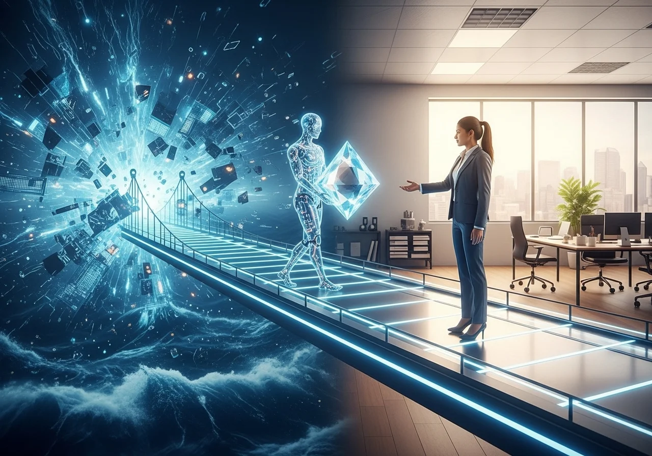 A symbolic image of an AI bridging the gap between a chaotic world of data and a businesswoman, delivering a single, clear piece of information.