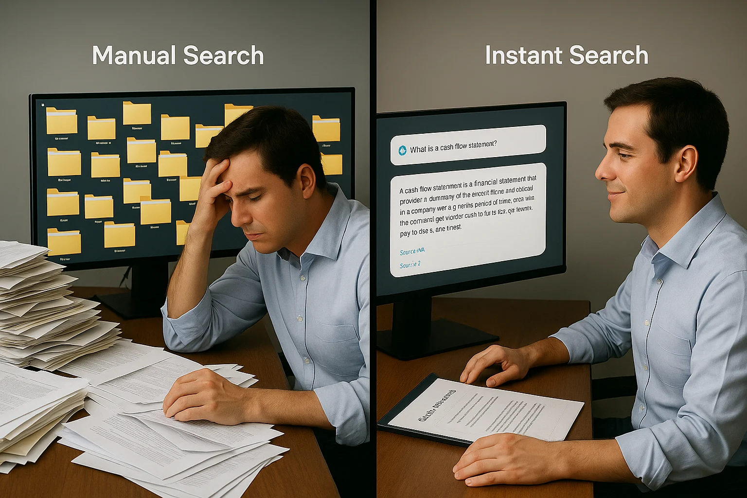 A split-screen showing the contrast between frustrating "Manual Search" through files and the ease of "Instant Search" using an AI chat interface.