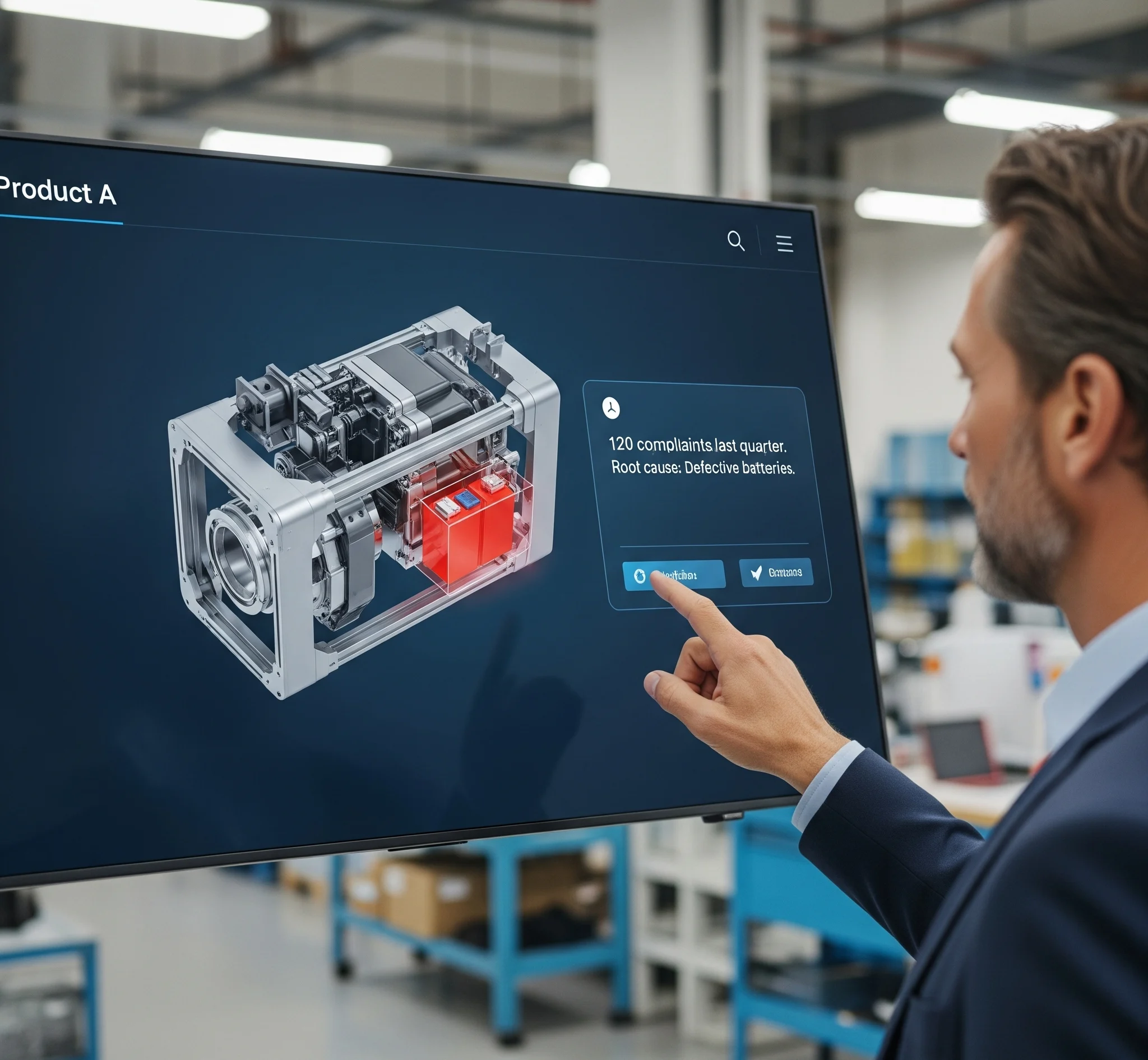 A business owner on a factory floor uses a touchscreen to analyze a product defect, with an AI showing that battery issues are the root cause of customer complaints.