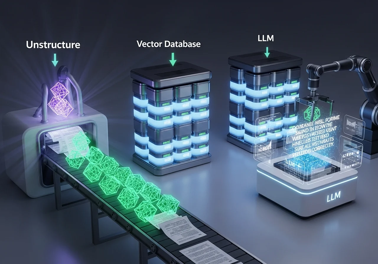 A visual representation of a RAG system as a three-stage data refinery, showing unstructured data being converted to vectors, stored in a database, and then used by an LLM.