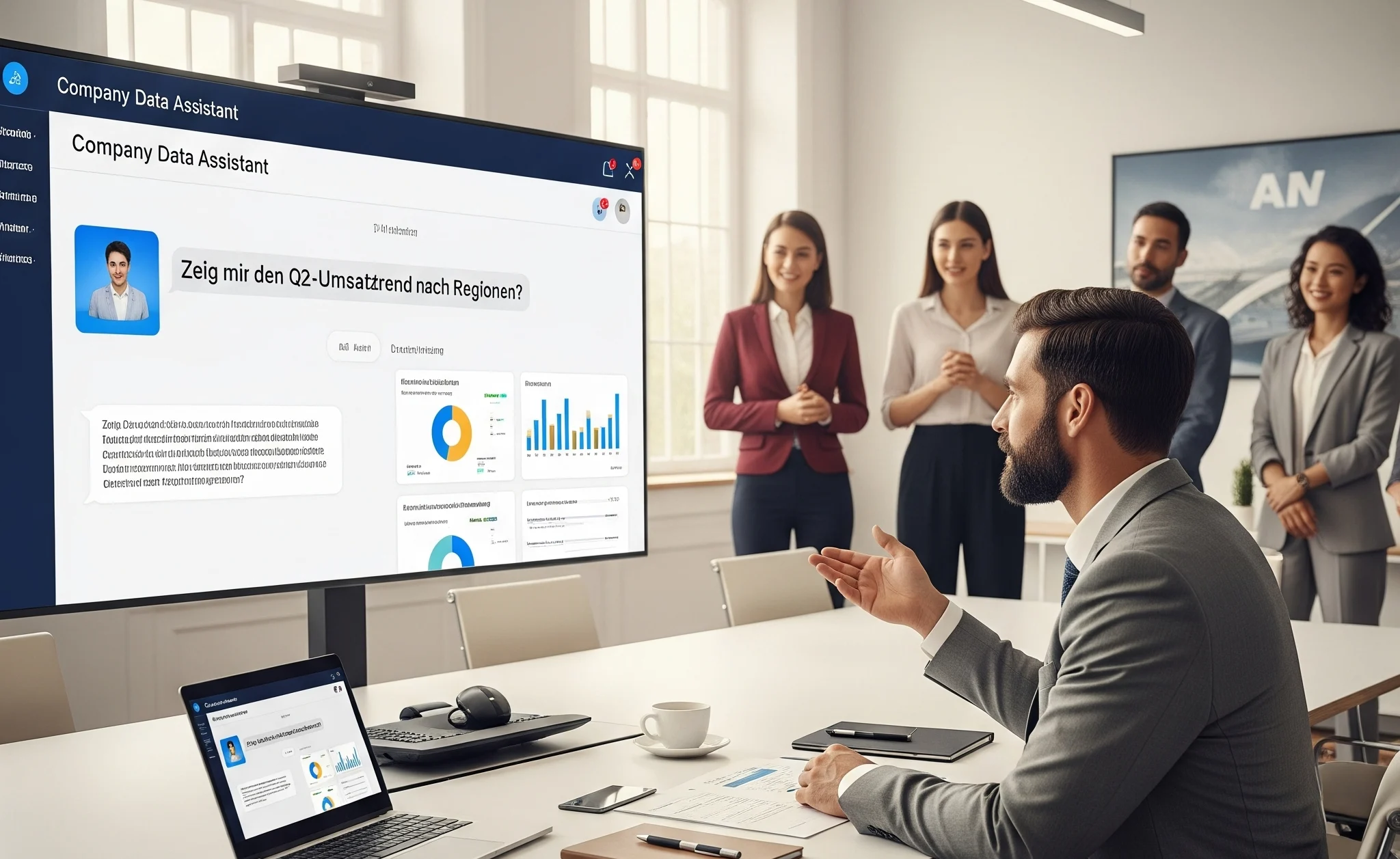 A business professional in a meeting uses a "Company Data Assistant" on a large screen to ask for sales trends in German, with impressed colleagues looking on.